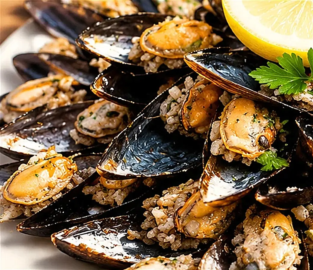 Moules farcies à la préparation maison, vues de près
