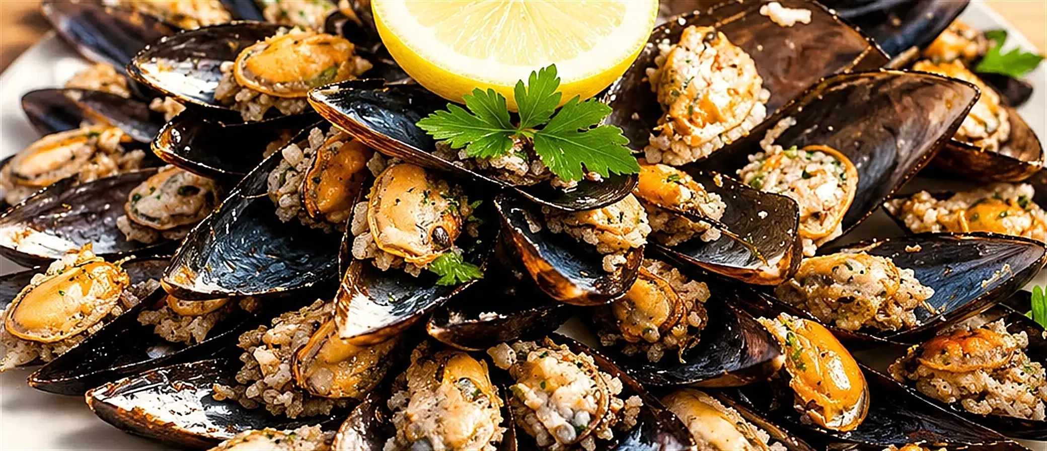 Gros plan sur un plat de moules farcies généreusement garnies, citron et persil